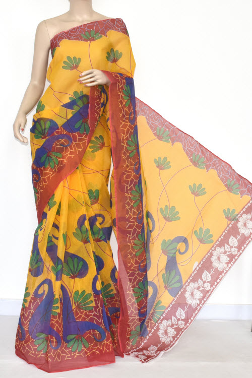 Yellow Premium JP Kota Doria Printed Cotton Saree (without Blouse) Red Border 15339