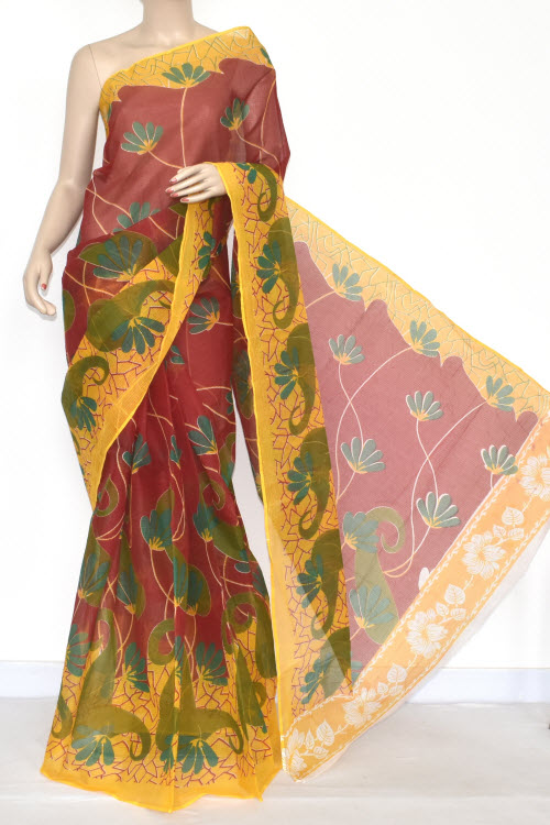 Red Premium JP Kota Doria Printed Cotton Saree (without Blouse) Yellow Border 15340