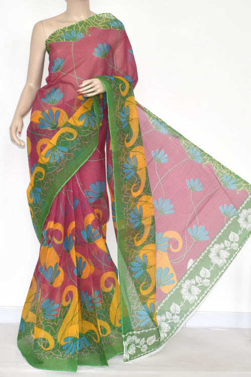 Pink Premium JP Kota Doria Printed Cotton Saree (without Blouse) Green Border 15341