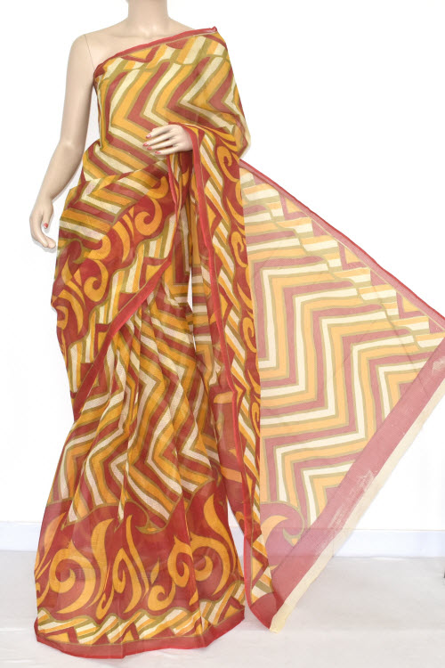 Red Premium JP Kota Doria Printed Cotton Saree (without Blouse) 15345