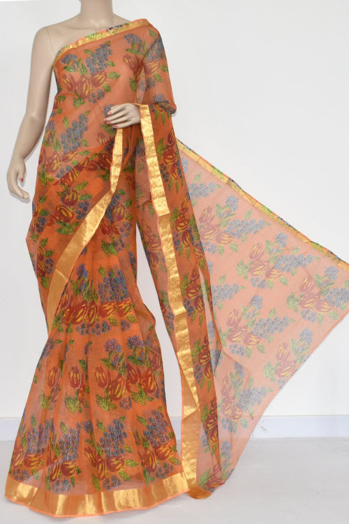 Orange JP Kota Doria Floral Print Cotton Saree (without Blouse) Zari Border 15358