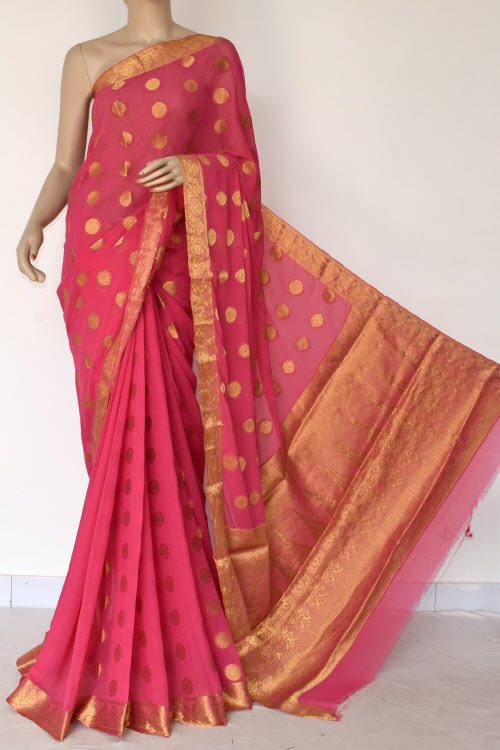 Pink Handloom Semi-Chiffon Saree (with Blouse) Allover Zari Border and Booti 16189