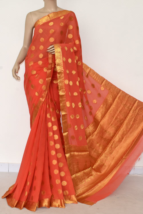 Peach Handloom Semi-Chiffon Saree (with Blouse) Allover Zari Border and Booti 16194