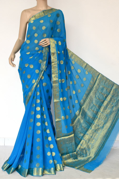 Pherozi Blue Handloom Semi-Chiffon Saree (with Blouse) Allover Zari Border and Booti 16197