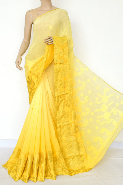 Yellow Shaded Hand Embroidered Lucknowi Chikankari Saree (With Blouse - Viscose) Zari Border 14884