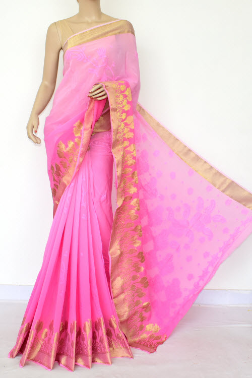 Pink Shaded Hand Embroidered Lucknowi Chikankari Saree (With Blouse - Viscose) Zari Border 14885