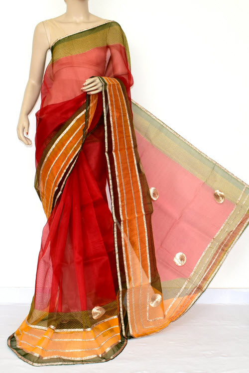 Red Green Kota Saree Gota Patti Work (Without Blouse - Cotton) 15466