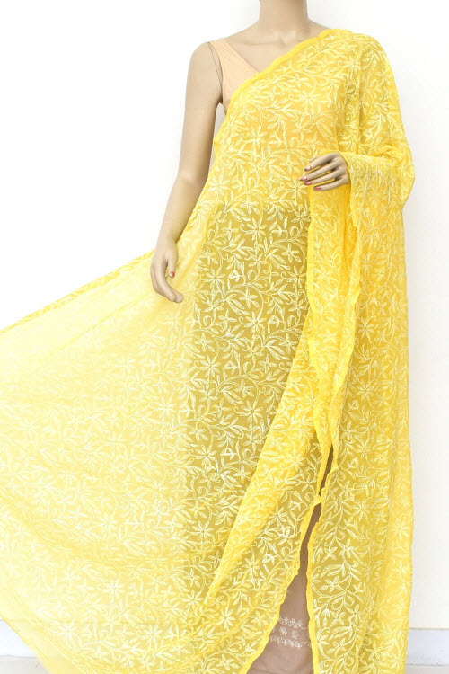 Yellow Hand Embroidered Allover Tepchi Work Lucknowi Chikankari Dupatta (Faux Georgette) Extra Long 18063