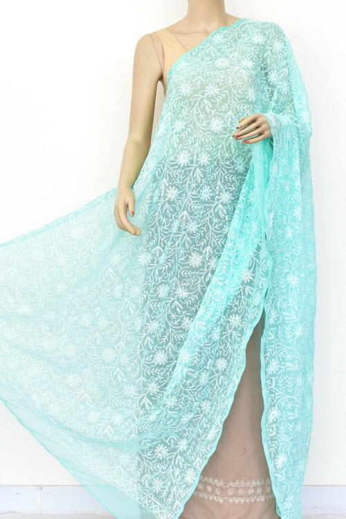 Sea Green Hand Embroidered Allover Tepchi Work Lucknowi Chikankari Dupatta (Faux Georgette) 18038