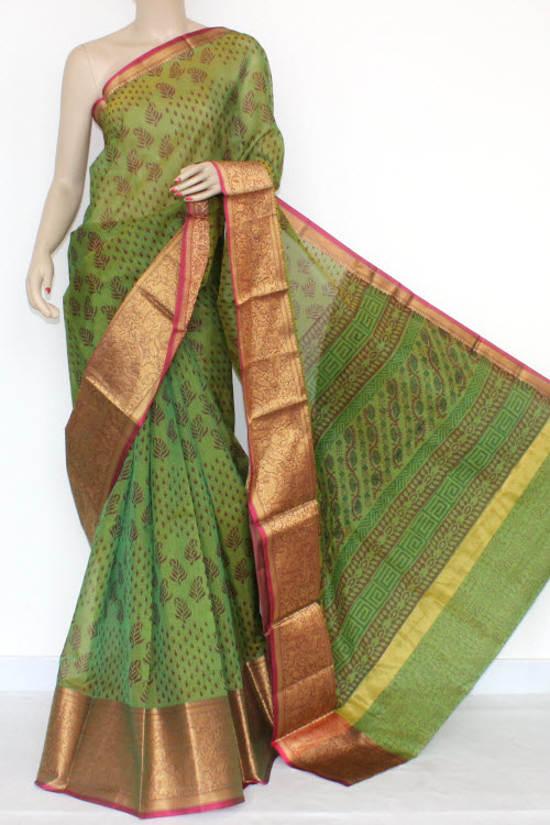 Menhdi Green Banarasi Kora Cot-Silk Printed Handloom Saree (With Blouse) 16106