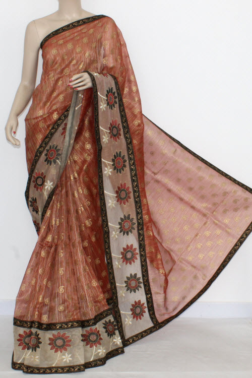 Red Designer Supernet Embroidered Saree (With Blouse) Net Botder 16153