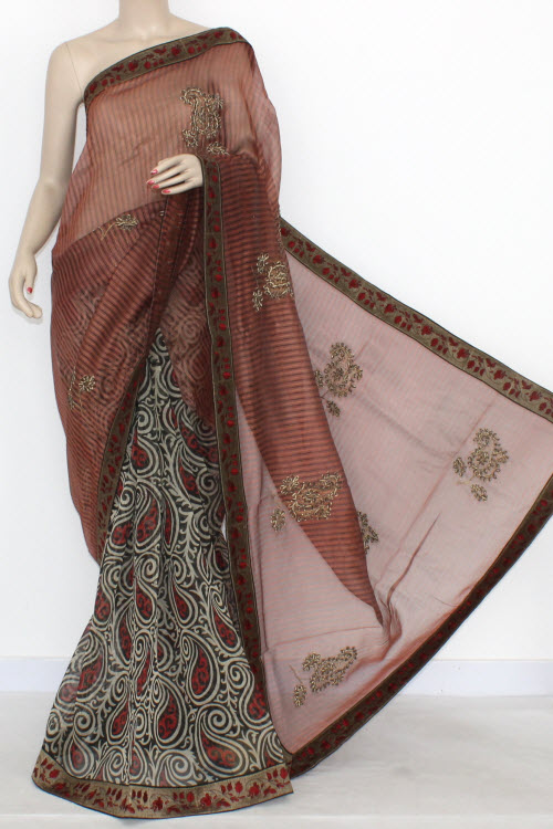 Rust Black Designer Supernet Embroidered Saree (With Blouse) Halh-Half 16157