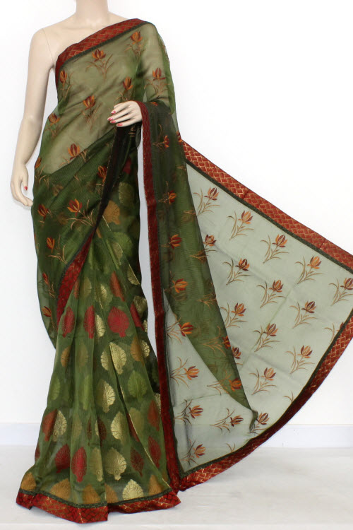 Bottle Green Designer Supernet Embroidered Saree (With Blouse) Half-Half 16162