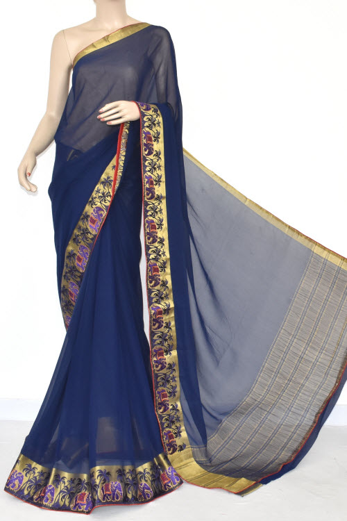 Navy Blue Handloom Semi-Chiffon Saree (with Blouse) Embroidery on Zari Border 16179
