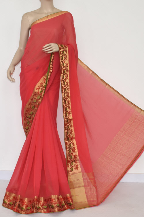 Peach Handloom Semi-Chiffon Saree (with Blouse) Embroidery on Zari Border 16182