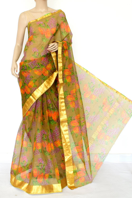 Menhdi Green JP Kota Doria Floral Printed Cotton Saree (without Blouse) Zari Border 13527