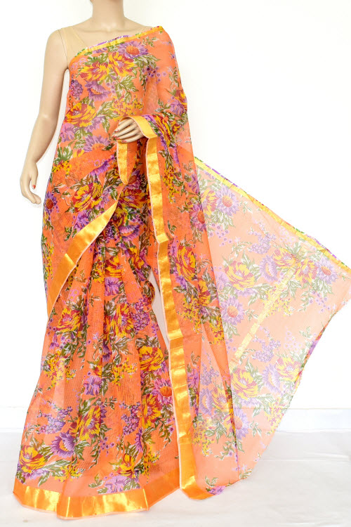 Peach JP Kota Doria Floral Printed Cotton Saree (without Blouse) Zari Border 13530