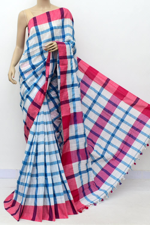 White Pherozi Handloom Soft Cotton Saree (With Blouse) Pink Border 17651