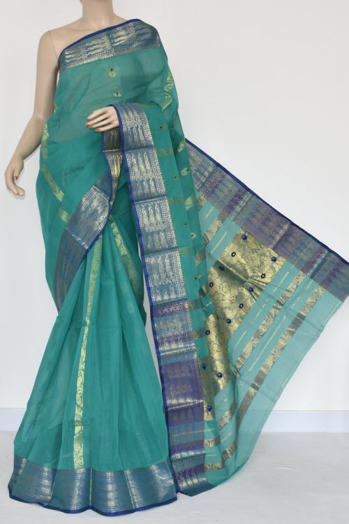 Sea Green Handwoven Bengal Tant Cotton Saree (Without Blouse) Zari Border & Pallu 17124