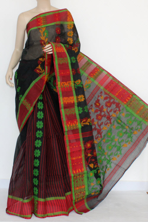 Red Black Handwoven Bengal Tant Cotton Saree (Without Blouse) 17156