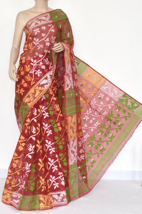 Red Handwoven Bengali Tant Kora Cotton Jamdani Saree (Without Blouse) 17213