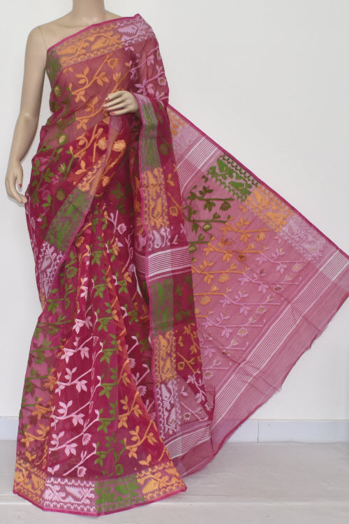 Rani Pink Handwoven Bengali Tant Kora Cotton Jamdani Saree (Without Blouse) Temple Border 17221