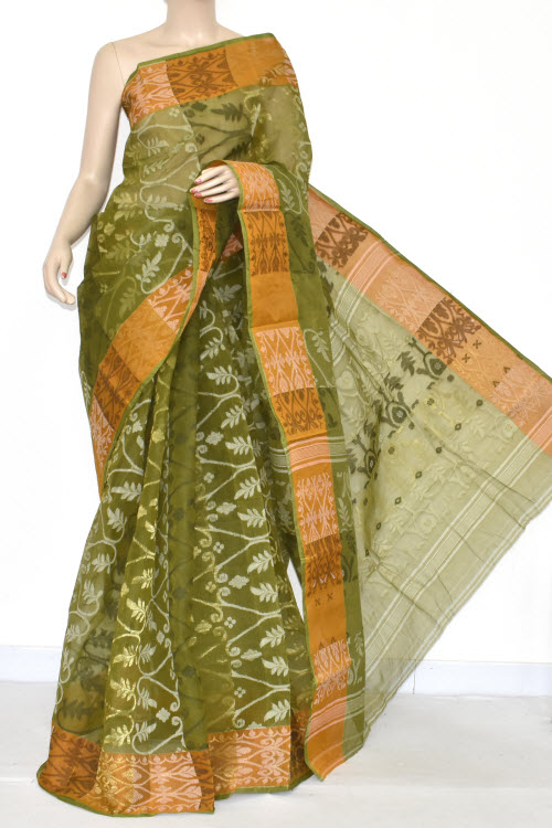 Menhdi Green Handwoven Bengali Tant Cotton Jamdani Saree (Without Blouse) 17346