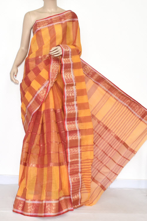 Yellow Red Handwoven Bengali Tant Cotton Saree (Without Blouse) Zari Border 17351