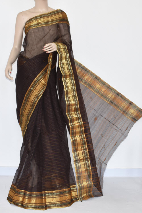 Black Handwoven Bengal Tant Cotton Saree (Without Blouse) Zari Border 17359