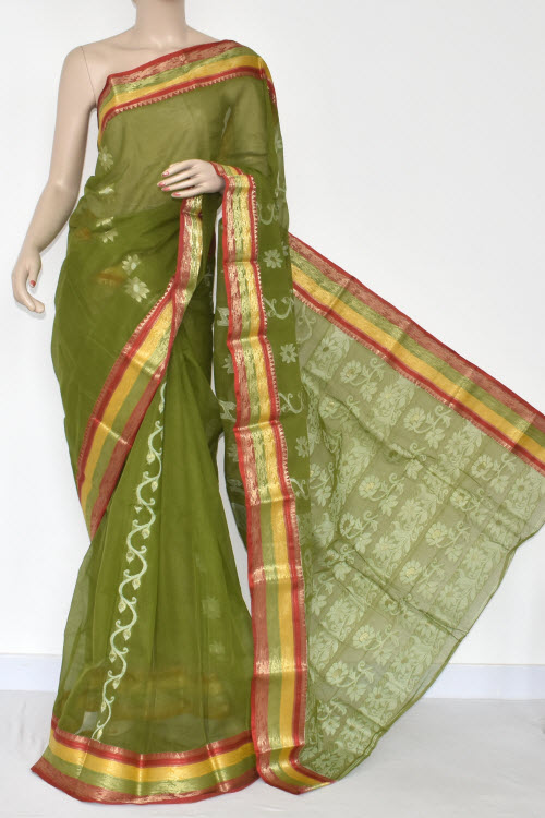 Menhdi Green Handwoven Bengal Tant Cotton Saree (Without Blouse) Zari Border 17374