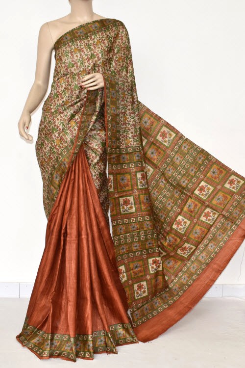 Fawn Rust Handloom Ghicha Pure Silk Half-Half Saree (With Blouse) 17283