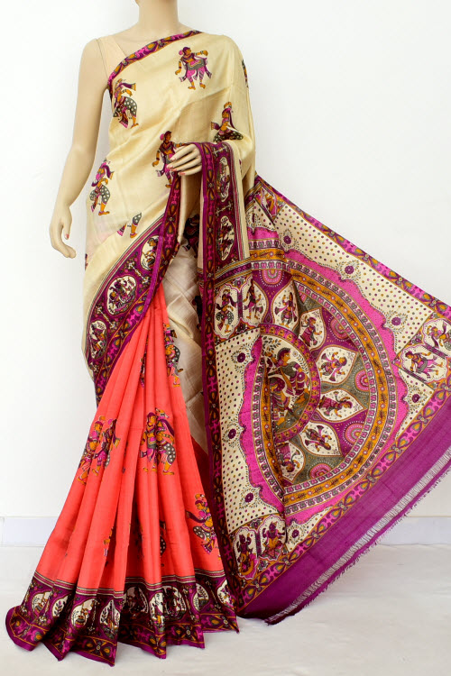 Cream Peach Magenta Printed Handloom Double Knitted Pure Silk Saree (With Blouse) Half-Half 16360