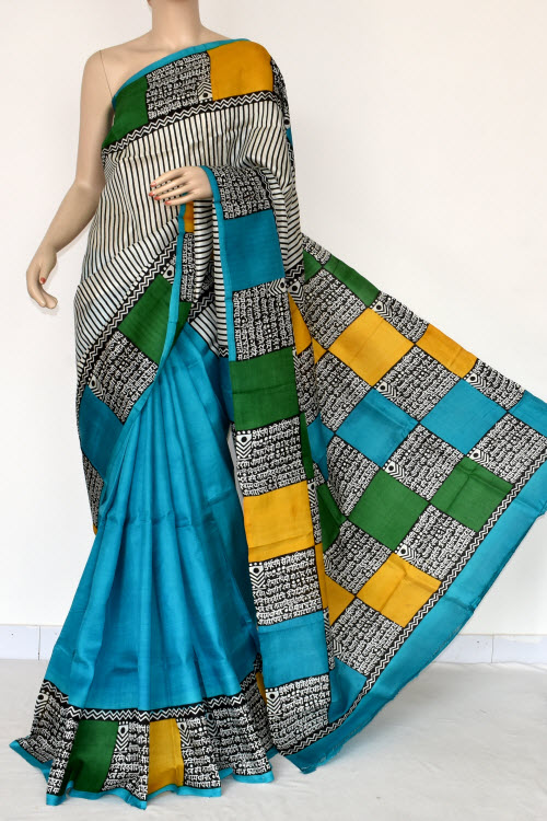 Pherozi Blue Handloom Pure Silk Saree (With Blouse) 17274