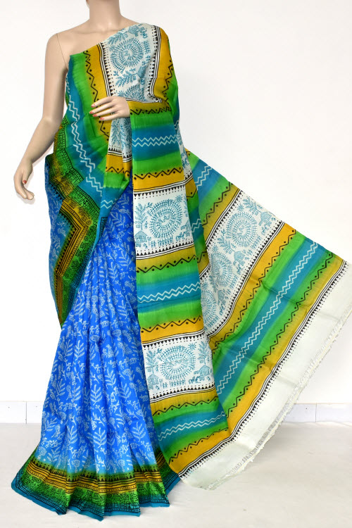 Pherozi Blue Handloom Pure Silk Saree (With Blouse) 17276