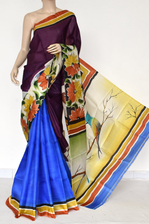 Pherozi Blue Mauve Handprinted Pure Silk Half-Half Saree (With Blouse) 17277