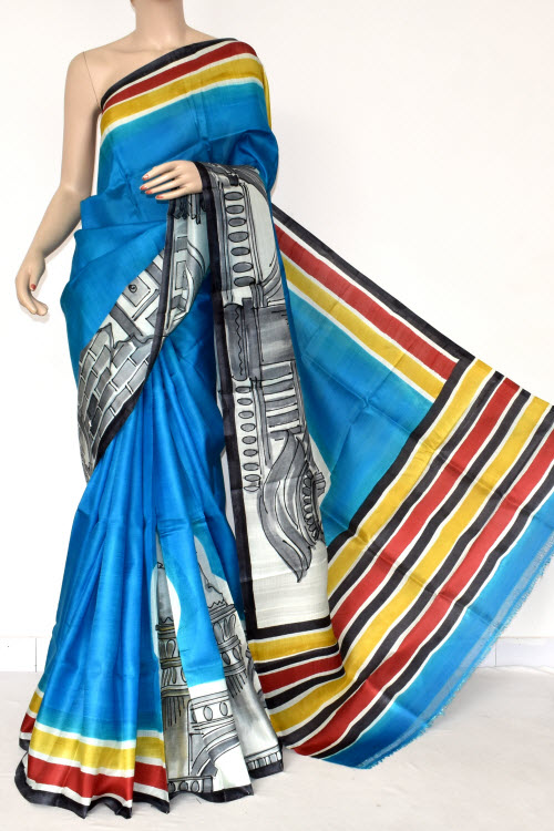 Pherozi Blue Hand-printed Pure Silk Saree (With Blouse) 17279