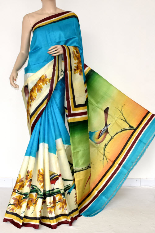 Pherozi Blue Hand-printed Pure Silk Saree (With Blouse) 17280