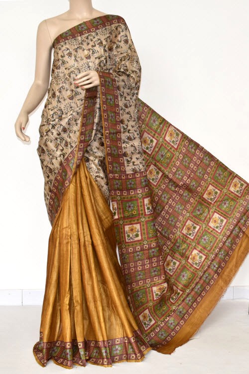 Fawn Mustard Handloom Ghicha Pure Silk Half-Half Saree (With Blouse) 17281