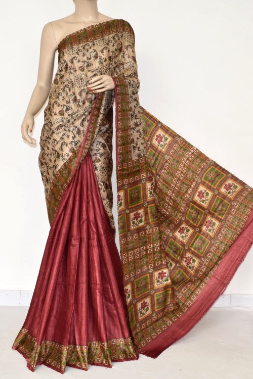 Fawn Maroon Handloom Ghicha Pure Silk Half-Half Saree (With Blouse) 17282