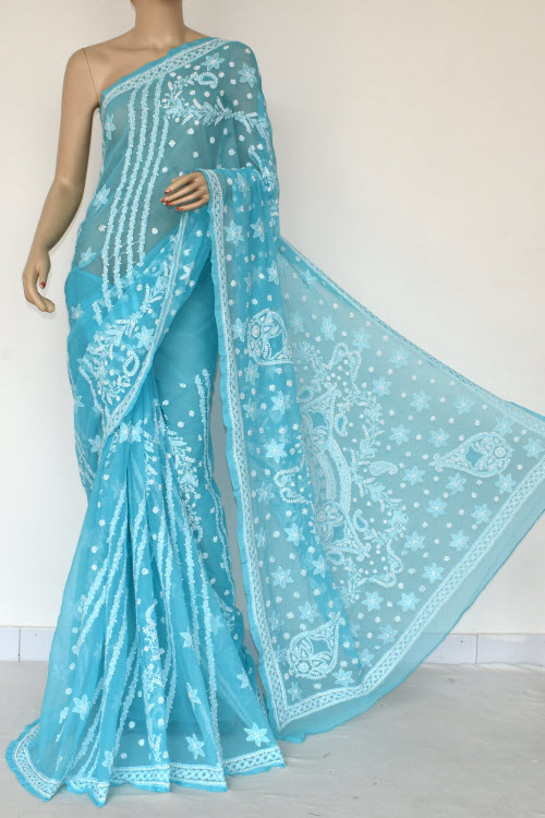 Pherozi Blue Designer Hand Embroidered Lucknowi Chikankari Saree (With Blouse - Georgette) 14495