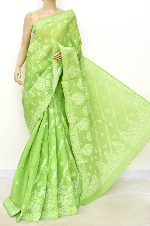 Mehendi Green Designer Hand Embroidered Lucknowi Chikankari Saree (With Blouse - Cotton) Rich Border And Pallu 14777