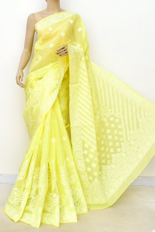 Lemon Yellow Designer Hand Embroidered Lucknowi Chikankari Saree (With Blouse - Cotton) Rich Border And Pallu 14778