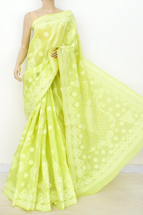 Pista Green Hand Embroidered Designer Lucknowi Chikankari Saree (With Blouse - Cotton) Heavy Skirt Border And Rich Pallu 14790