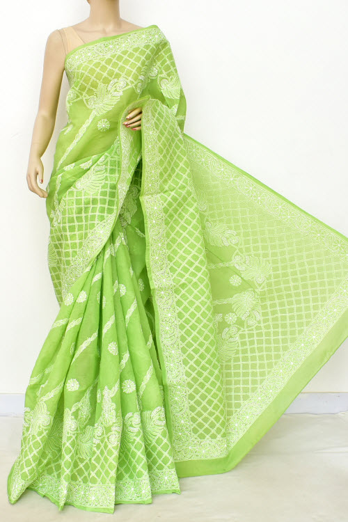 Mehendi Green Designer Hand Embroidered Lucknowi Chikankari Saree (With Blouse - Cotton) Rich Border And Pallu 14811