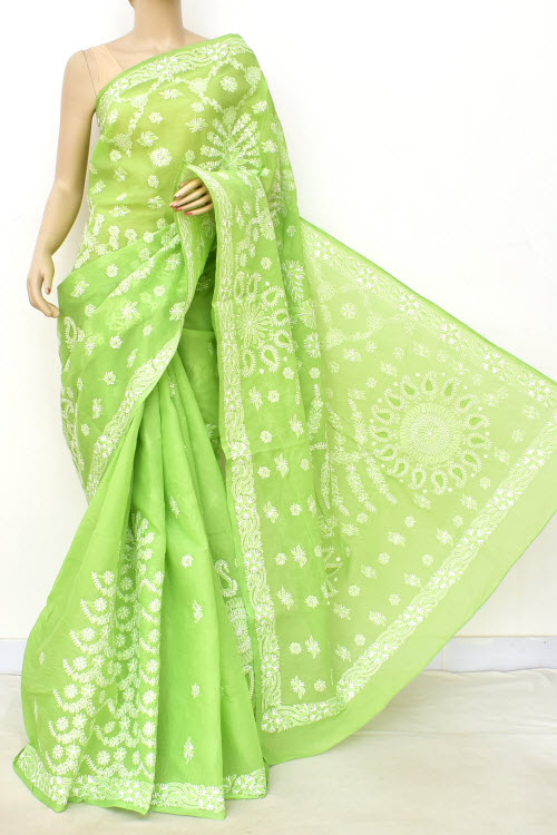 Pista Green Designer Hand Embroidered Lucknowi Chikankari Saree (With Blouse - Cotton) Rich Border And Pallu 14813