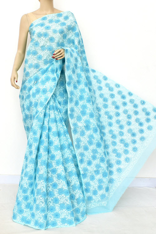 Light Blue Allover Hand Embroidered Tepchi Work Lucknowi Chikankari Kota Cotton Saree (Without Blouse) 15207