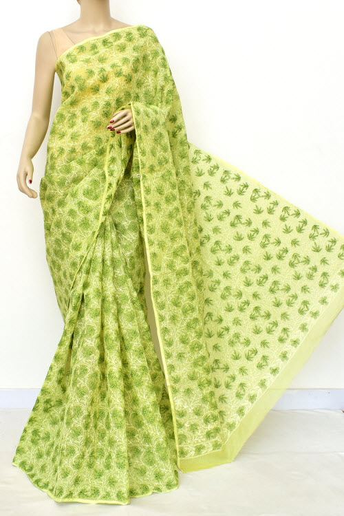 Mehendi Green Allover Hand Embroidered Tepchi Work Lucknowi Chikankari Kota Cotton Saree (Without Blouse) 16502