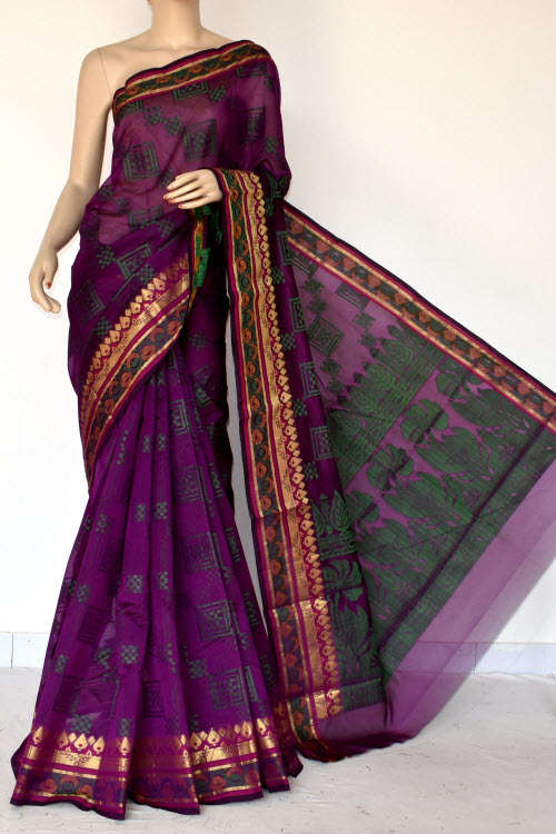 Magenta Handloom Banarasi Semi Cotton Saree (with Blouse) Zari Border Resham Weaving 16228