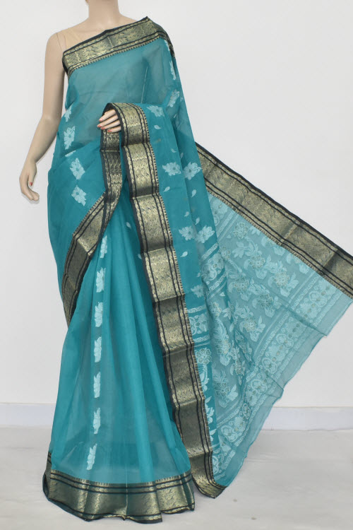 Sea Green Handwoven Bengal Tant Cotton Saree (Without Blouse) Zari Border 17420