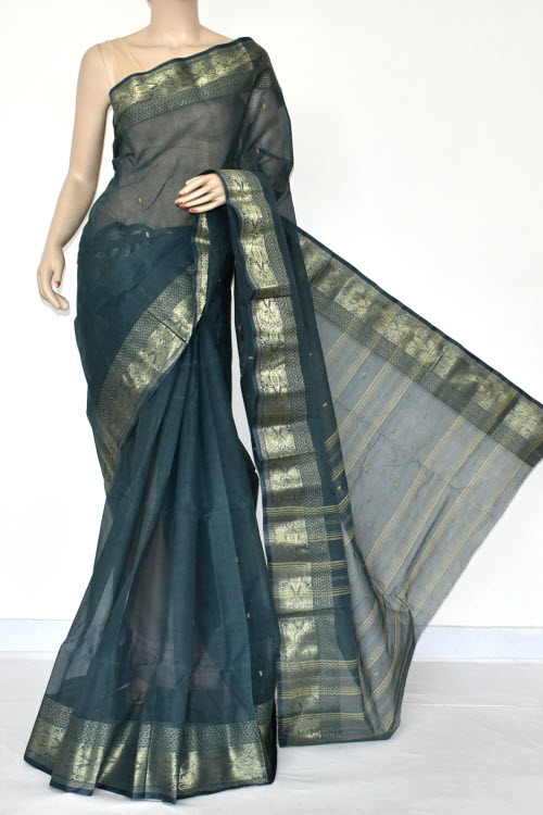 Bluish Grey Handwoven Bengal Tant Cotton Saree (Without Blouse) Zari Border 17427